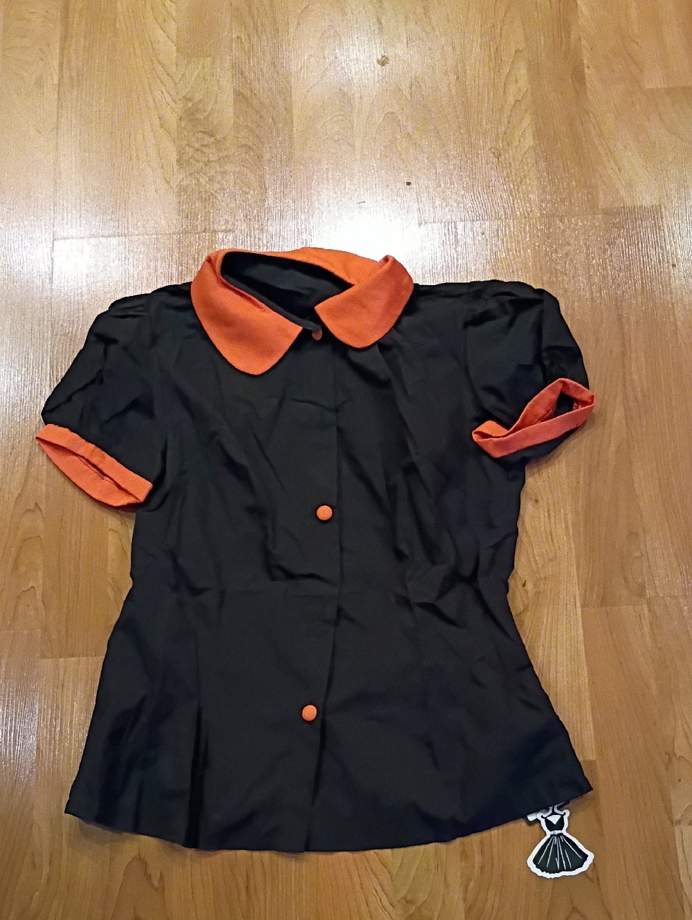 Black Button-Down Top with Orange Collar and Cuffs